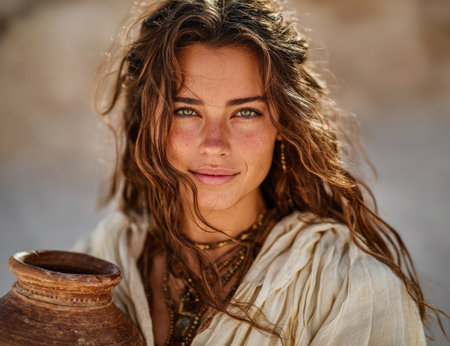 Female artisan with long hair, dressed in light fabric, holds a clay pot, reflecting cultural traditions and craftsmanship in a serene outdoor environmentの素材