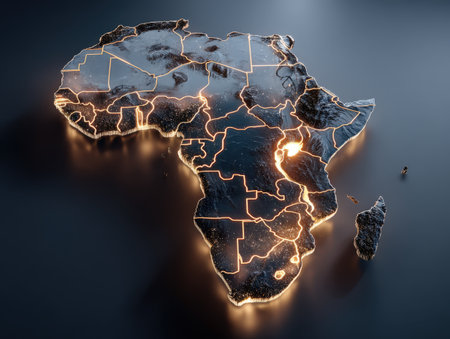 3D illustration of Africa featuring illuminated borders and detailed geographical elements, highlighting the continent's unique landscapes and cultural richnessの素材