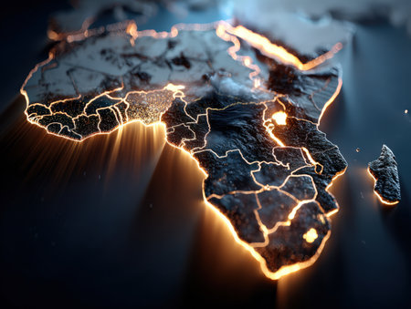 3D illustration of Africa with glowing borders, emphasizing geographical details and textures, set against a dark backdrop, creating a striking visual representationの素材