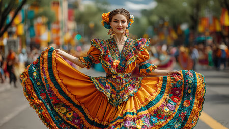 Young woman in ornate traditional attire dances joyfully on a bustling street, with vibrant decorations and an enthusiastic crowd celebrating cultural festivitiesの素材