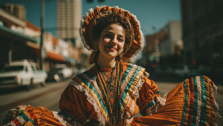 Female in traditional attire, smiling in a lively street scene, surrounded by vibrant colors and cultural elements, celebrating heritage and community spiritの素材