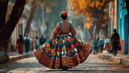 Female figure in colorful traditional attire spins gracefully on a cobblestone street, with lively surroundings and autumn leaves, embodying cultural celebration and joyの素材
