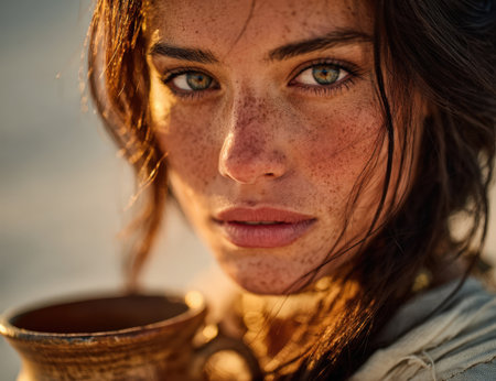 Woman with green eyes and freckles holds a clay pot, embodying natural beauty and cultural heritage in a warm outdoor setting with soft lighting and texturesの素材