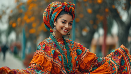 Female in colorful traditional dress, smiling and posing outdoors amidst vibrant foliage, highlighting cultural richness and festive spirit with intricate detailsの素材