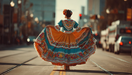 Female dancer in traditional attire spins joyfully on busy street, highlighting intricate designs and cultural significance, with urban backdrop and traffic enhancing the sceneの素材