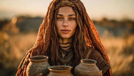 Female artisan, dressed in traditional attire, holds clay pots in a sunlit field, emphasizing cultural craftsmanship and connection to heritageの素材