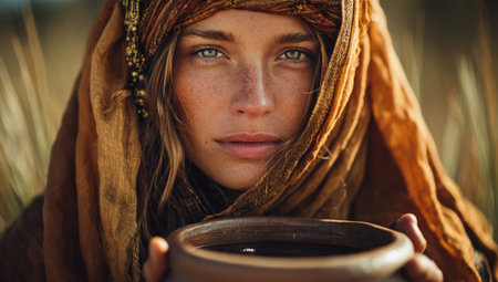 Female figure with vibrant headscarf holds clay pot in sunlit field, emphasizing cultural significance and natural beauty, surrounded by soft grass and warm lightの素材