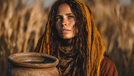 Woman with curly hair, dressed in earthy tones, holds a clay pot in a sunlit field, surrounded by tall grass, reflecting a peaceful rural atmosphereの素材