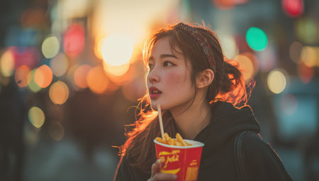 Female enjoying street food, holding cup of fries, surrounded by a lively urban environment with colorful bokeh lights, evoking a sense of joy and excitementの素材