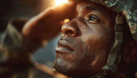Soldier in military attire saluting with pride, set against a warm sunset backdrop, capturing a moment of dedication and commitment to serviceの素材