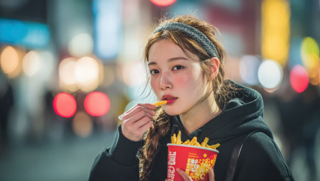 Female enjoying delicious fries from a red container in a lively city atmosphere, surrounded by colorful lights and people, showcasing urban lifestyle and casual diningの素材