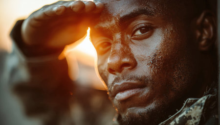 Male soldier in military attire saluting against a sunset backdrop, highlighting strength and commitment, with warm light enhancing the atmosphere of honor and valorの素材