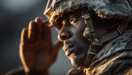 African American military personnel saluting with a serious demeanor in a camouflage uniform, set against a warm sunset backdrop, conveying respect and commitmentの素材
