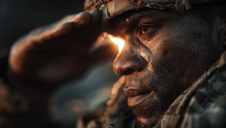 Soldier in camouflage uniform saluting with a focused expression, highlighting bravery and commitment in a dramatic environment with soft lighting and emotional depthの素材