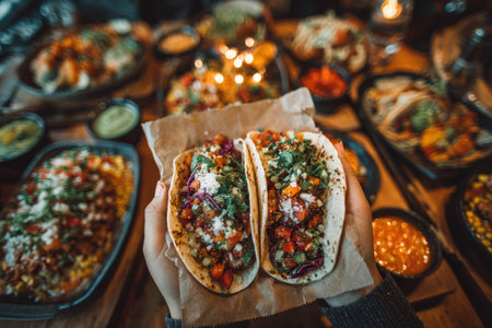 Hands holding two colorful tacos filled with vegetables and herbs, surrounded by various Mexican dishes, creating a warm and inviting dining atmosphereの素材