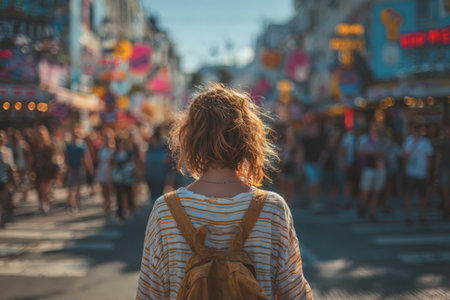 Female with curly hair, dressed in striped shirt and backpack, stands in busy street filled with colorful lights and crowds, embodying urban adventureの素材