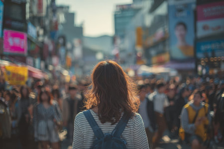 Female figure with wavy hair observes busy street filled with people, colorful signs, and dynamic energy, showcasing the vibrancy of urban cultureの素材