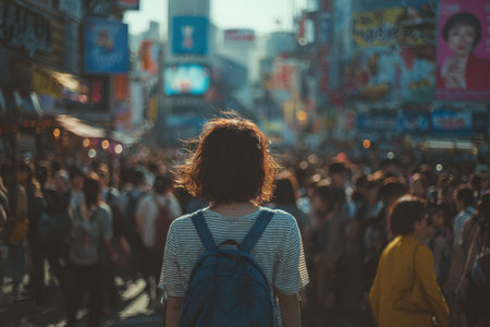 Female traveler with backpack gazes at lively urban street filled with people and colorful advertisements, embodying the spirit of adventure and explorationの素材