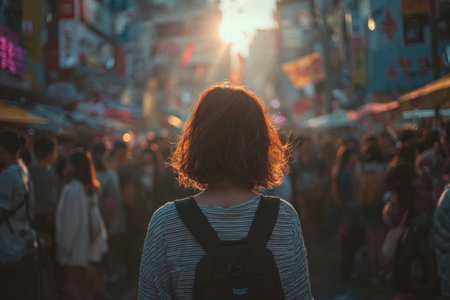 Female with curly hair observes a lively street market, filled with colorful stalls and crowds, embodying the essence of urban exploration and cultural vibrancyの素材