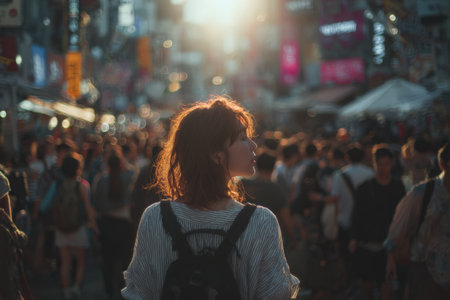 Female traveler with backpack stands in lively street, surrounded by diverse crowd, warm sunlight creating a vibrant atmosphere, embodying urban exploration and adventureの素材