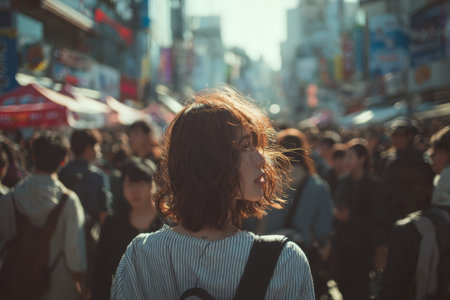 Female with curly hair stands in a lively street market, surrounded by a diverse crowd, showcasing the vibrant energy and cultural richness of urban lifeの素材