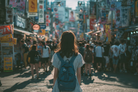 Female traveler with backpack stands in crowded street market, surrounded by colorful signs and people, showcasing the vibrant energy of urban life and explorationの素材