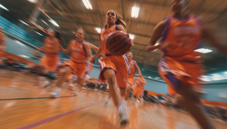 Female athlete in orange jersey dribbling basketball on court, surrounded by teammates and opponents, capturing the energy and excitement of the gameの素材