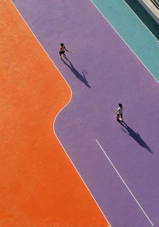 Individuals engaged in tennis match on colorful court, highlighting athleticism and competition, with shadows adding depth to the vibrant sceneの素材