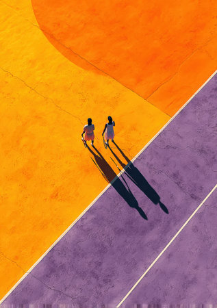 Two figures stroll across a colorful surface of orange and purple, their shadows stretching behind them, showcasing a unique artistic environment filled with vibrant huesの素材