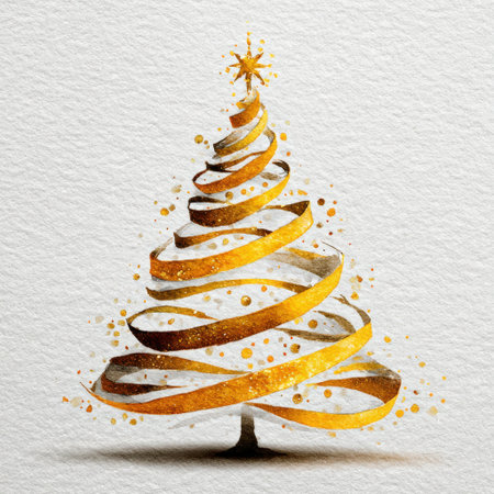 Stylized Christmas tree made of golden spiral ribbons topped with a star, creating a festive ambiance perfect for holiday decorations and celebrationsの素材