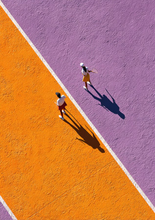 Individuals are walking on bright orange and purple pathways, casting shadows on the textured surface, showcasing a lively urban atmosphere and artistic designの素材