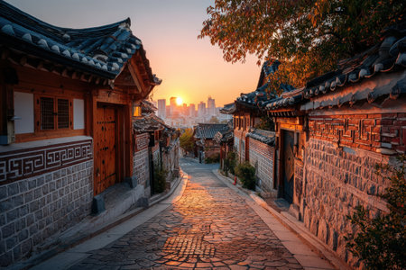 Historic houses line a cobblestone street at sunset, with warm colors illuminating the scene and a city skyline visible in the distance, creating a tranquil ambianceの素材
