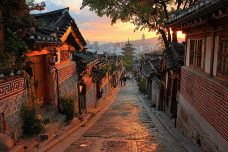 Traditional street showcases historic architecture with cobblestones, vibrant sunset illuminating the scene, while visitors explore the cultural heritage and urban charmの素材