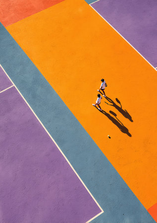 Two people are walking on a colorful tennis court with orange, purple, and blue sections, casting shadows in the sunlight, representing an energetic outdoor activityの素材