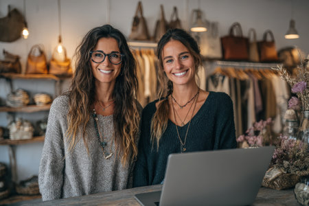 Two female shop owners, wearing cozy sweaters, smile warmly in their boutique filled with fashionable items, creating an inviting shopping experienceの素材