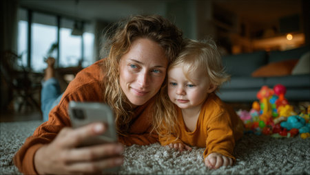 A mother and her young child are lying on a plush carpet, sharing smiles while engaging with a smartphone, surrounded by vibrant toys, creating a warm atmosphereの素材