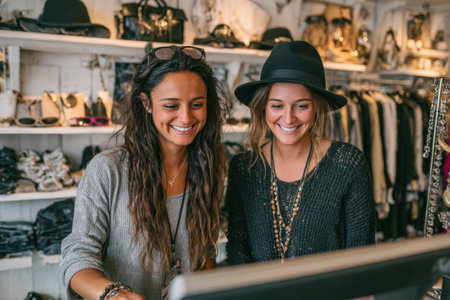 Two joyful women are engaged in shopping at a stylish boutique, surrounded by clothing and accessories, creating a lively and fashionable atmosphereの素材