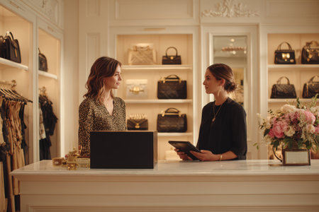 Women interacting in a chic boutique, with shelves displaying fashionable handbags and clothing, creating a warm and inviting shopping environmentの素材