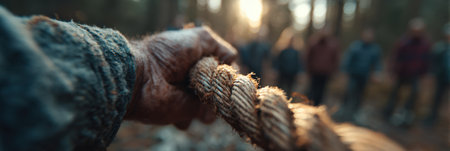 A weathered hand holds a thick rope tightly, with blurred figures in the background, symbolizing teamwork and unity in a natural forest settingの素材