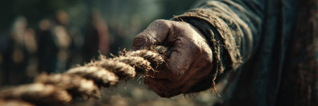 Weathered hand firmly holds thick rope, emphasizing strength and resilience in a rustic outdoor environment, with blurred figures creating a sense of community and actionの素材