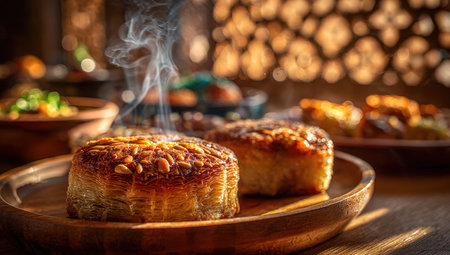 Delicious golden-brown pastries, garnished with nuts, are beautifully presented on a wooden plate, with steam rising, creating a warm and inviting culinary sceneの素材