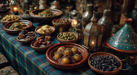 Vibrant array of traditional foods arranged on a decorative table, showcasing fruits, nuts, and sweets, creating a warm and inviting culinary sceneの素材