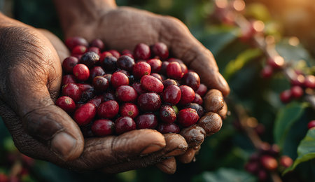 Hands of an African American individual are holding ripe coffee cherries, surrounded by green coffee plants, highlighting the beauty of agricultural practices and natural produceの素材