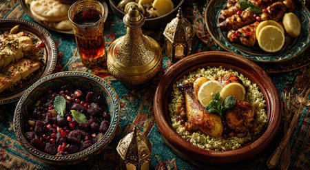 Middle Eastern culinary spread showcases grilled chicken, couscous, and colorful salads on decorative plates, highlighting rich flavors and inviting ambiance for a festive gatheringの素材