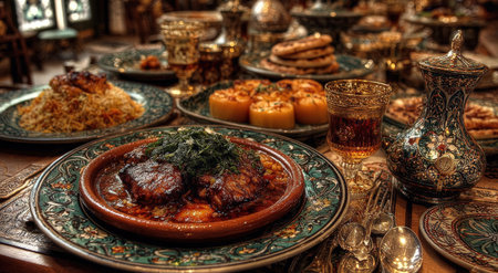 Middle Eastern dining scene with an array of dishes, rich textures, and vibrant colors, highlighting cultural traditions and the art of sharing food with loved onesの素材