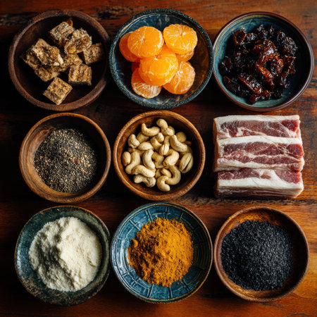 A variety of ingredients displayed in wooden bowls, featuring spices, nuts, and fruits on a rustic wooden surface, highlighting culinary richness and texturesの素材