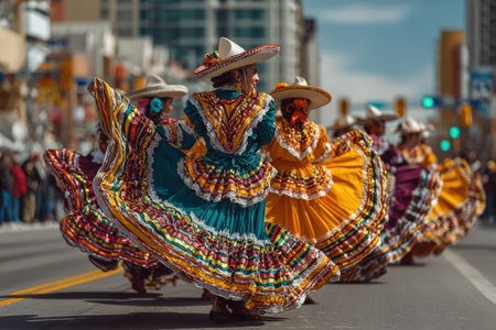 Traditional dancers in bright costumes are performing a folk dance on a busy street, surrounded by an enthusiastic crowd, celebrating cultural heritage and joyの素材