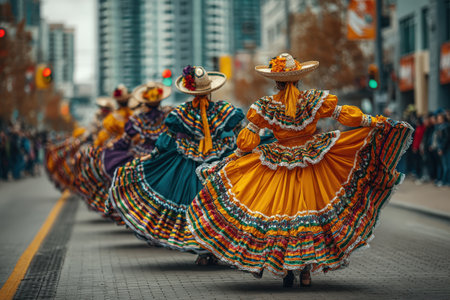 Traditional dancers in bright dresses perform on city street, celebrating cultural heritage with vibrant colors and joyful movements, creating a festive atmosphereの素材