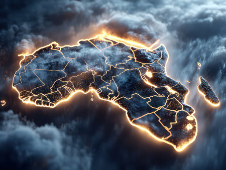 Detailed map of Africa with glowing borders, set against a moody cloud backdrop, highlighting the continent's unique geography and cultural significanceの素材