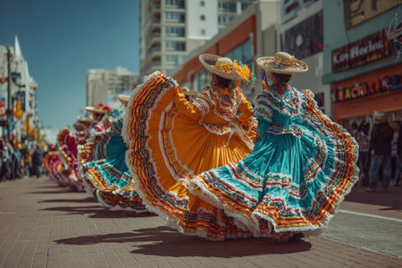 Traditional dancers in vibrant dresses perform energetically at a cultural festival, surrounded by an enthusiastic crowd and lively urban backdrop filled with excitementの素材